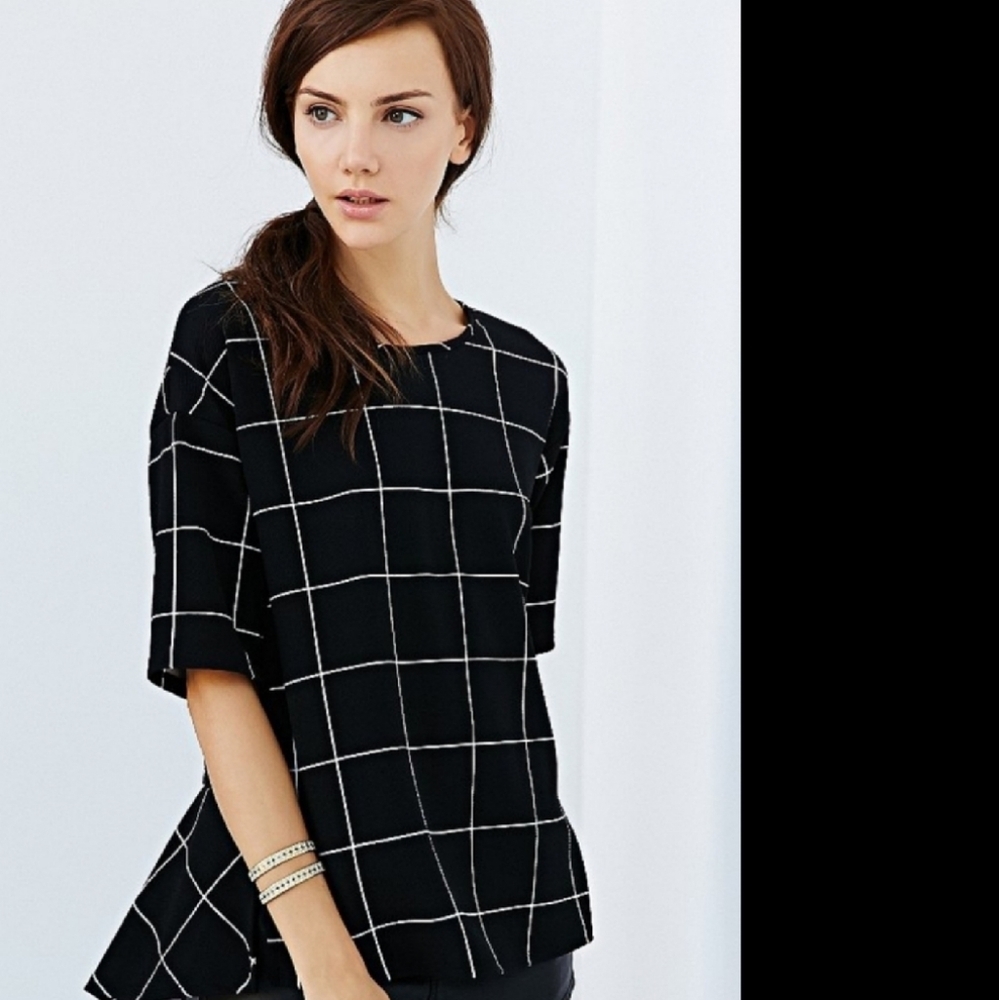 Cooperative Anthropologie windowpane black and white peplum top XS